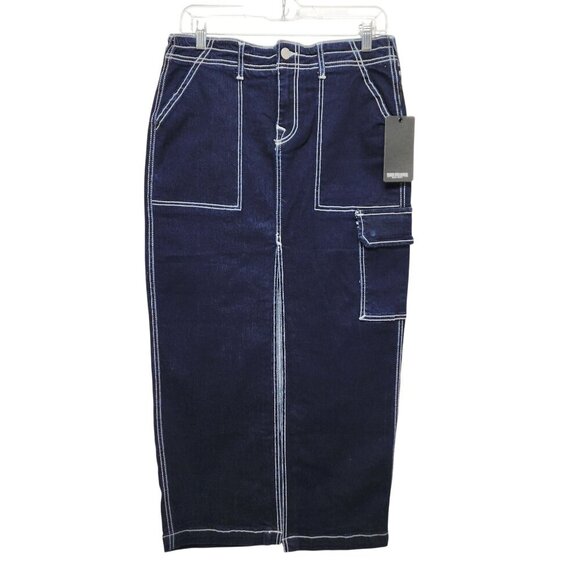 True Religion Womens Denim Cargo Maxi Skirt Size 28 Dark Wash Utility Pocket - Picture 1 of 10